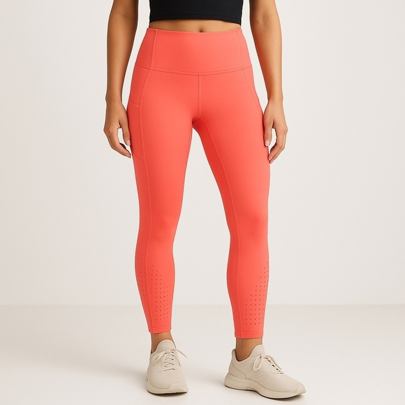 Athleta Pants - Athleta Laser-Cut High Rise Run Tight in Neon Coral | Compression Leggings Small